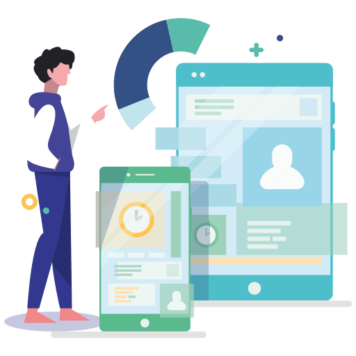 Ilustração de interfaces digitais e análise de resultados de pesquisa.